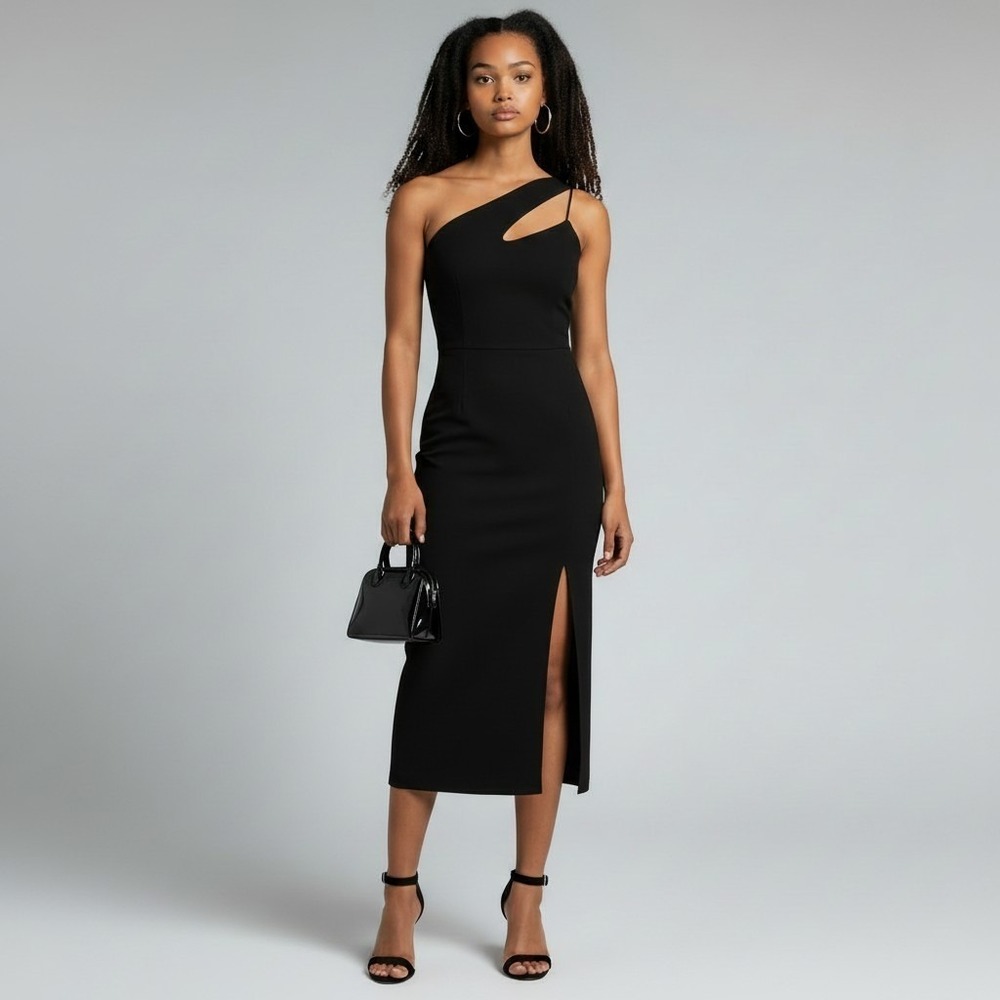 Petal + Pup Jolie Dress Womens 4 Black One Shoulder Midi Cocktail Formal Modern